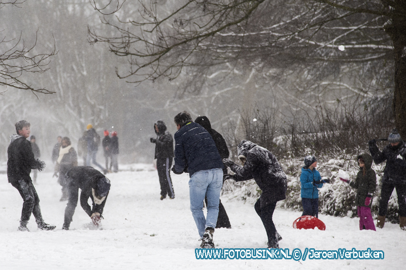 Sneeuwballengevecht in het Weizigtpark in Dordrecht.